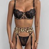 Leopard Print Mesh Three-piece Lingerie Garter Set