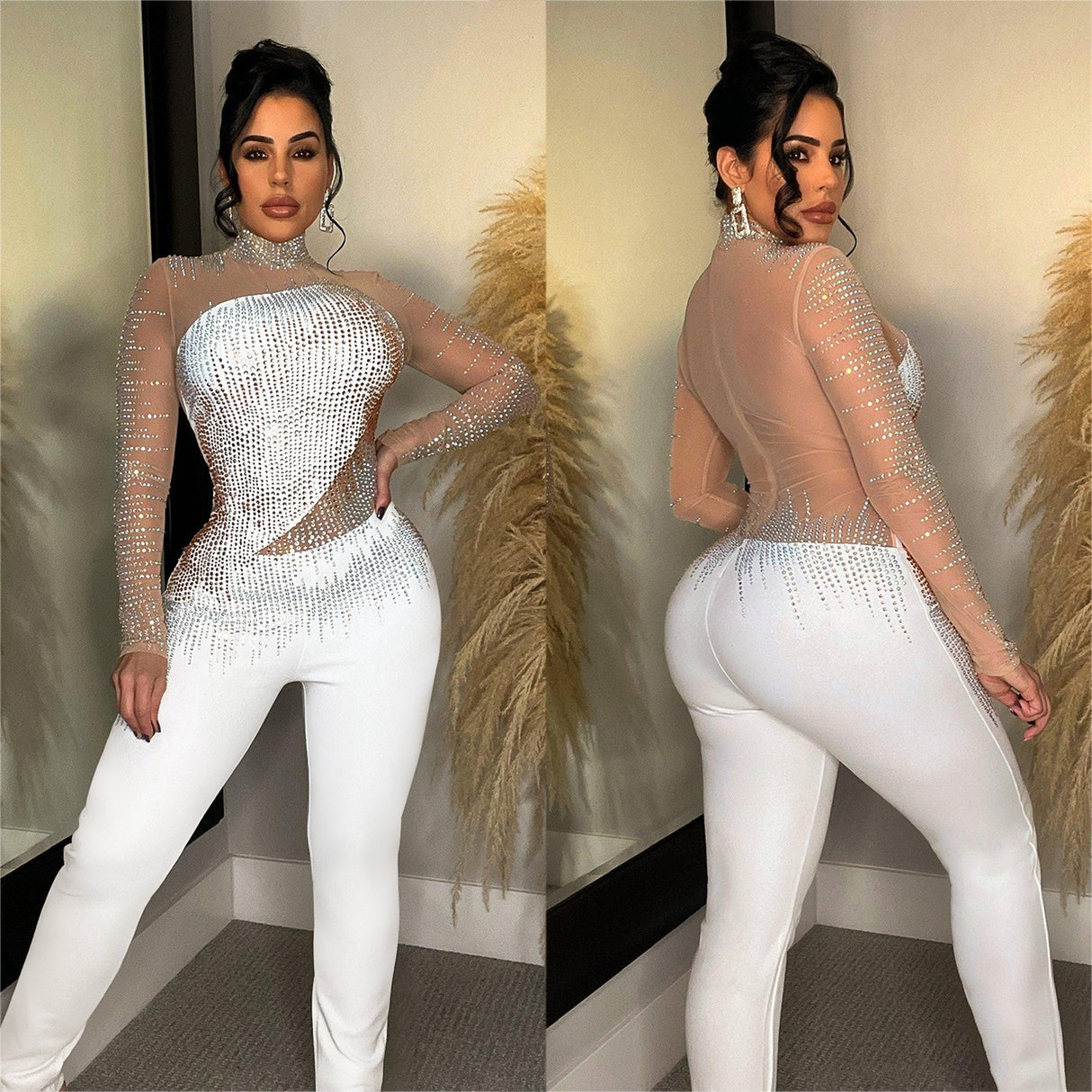 Rhinestone Mesh Long-sleeved Jumpsuit