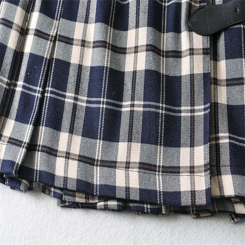 Retro Plaid Pleated Belted Skirt