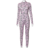 Pink Print Stand-up Collar Slim Fit Jumpsuit