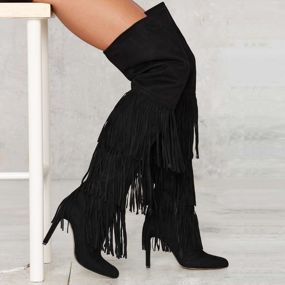 Sultry Suede Fringe Over-The-Knee Boots