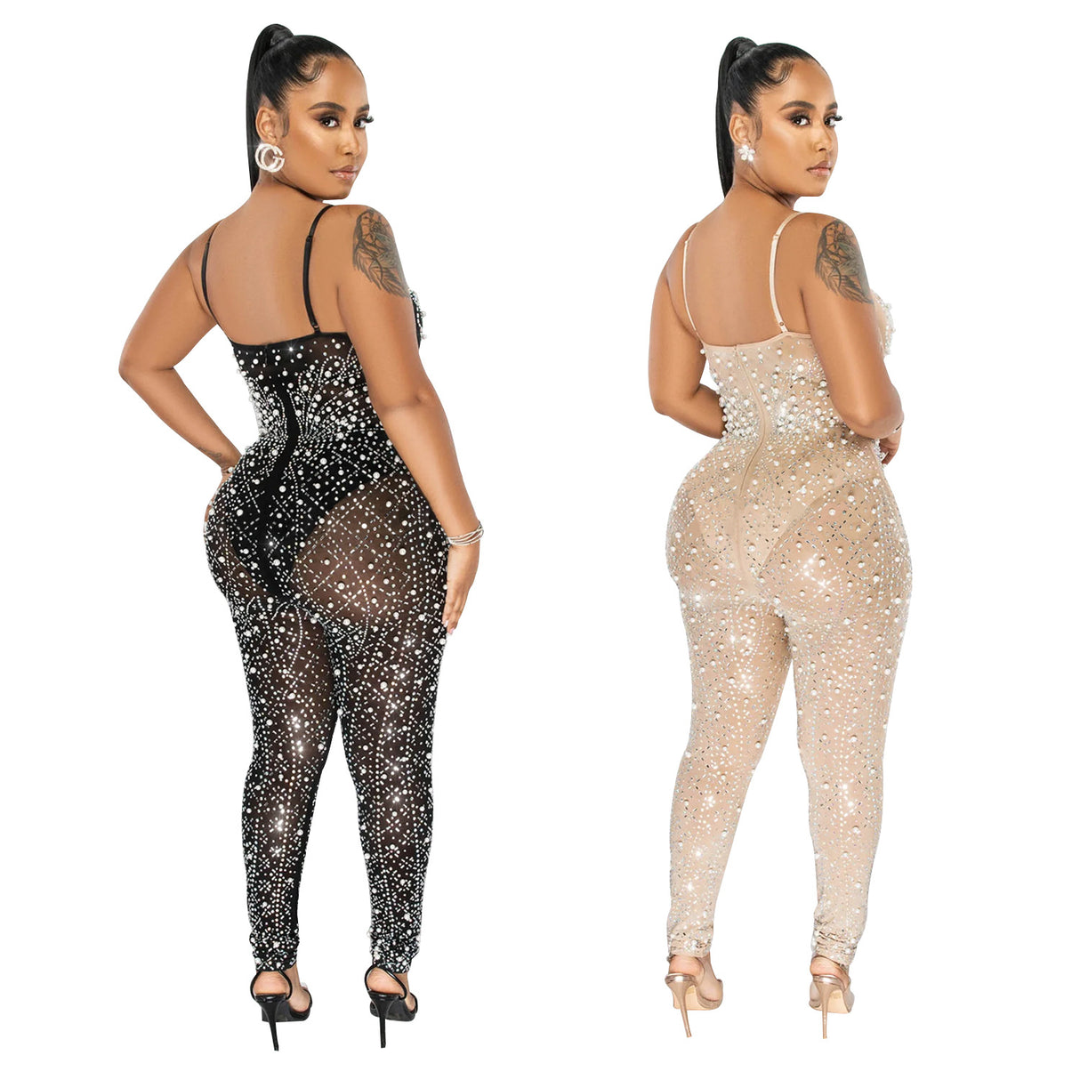 Rhinestone Mesh Sleeveless Trousers Jumpsuit