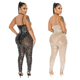 Rhinestone Mesh Sleeveless Trousers Jumpsuit