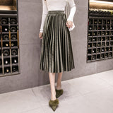 Golden Velvet Pleated A-Line Midi Skirt