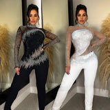 Rhinestone Mesh Long-sleeved Jumpsuit