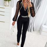 Rhinestone Mesh V-neck Jumpsuit