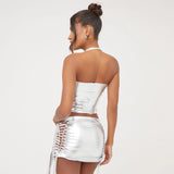 Lala Halter Metallic Drawstring Skirt Set