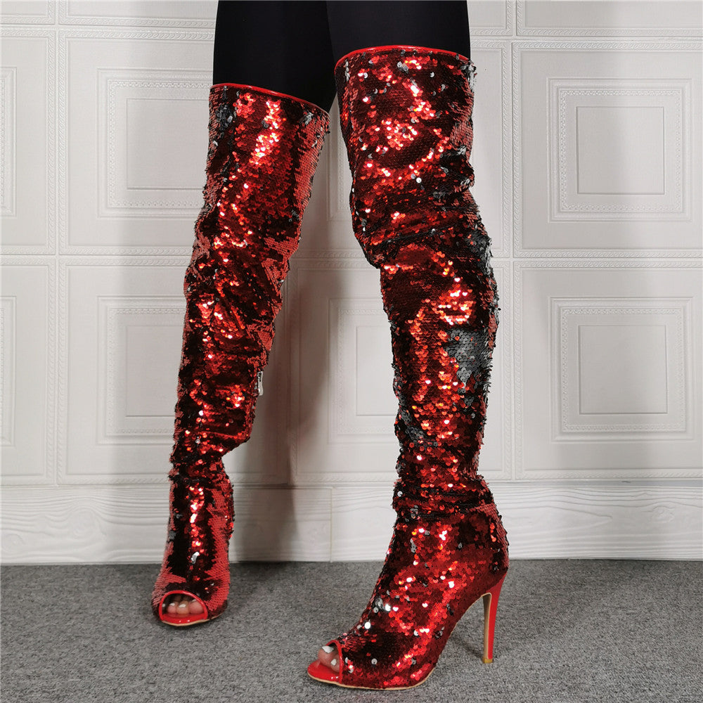 Sparkling Sequin Siren Over Knee Boots