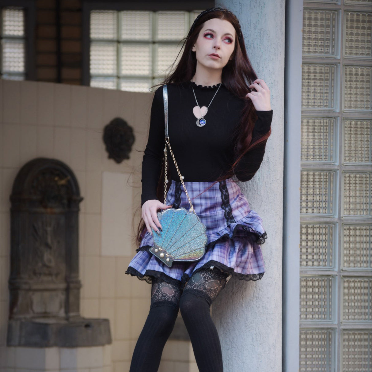 Lace Plaid Pleated High Waist Skirt