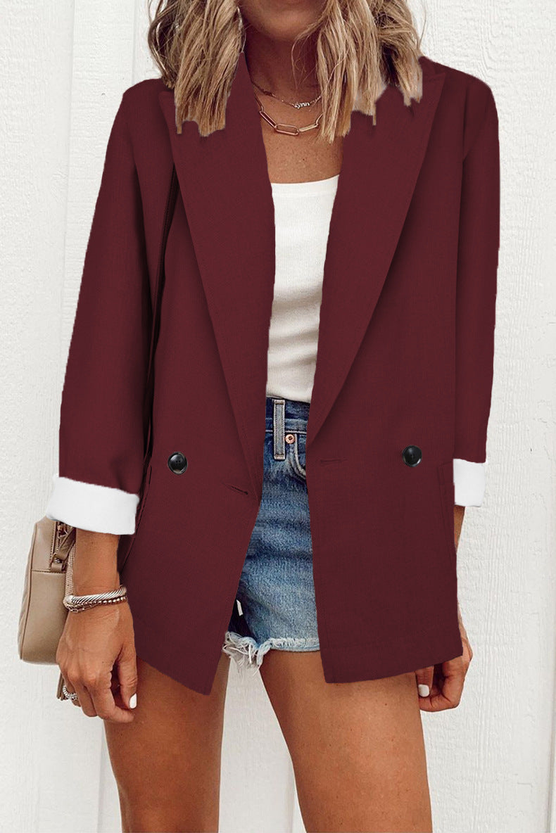 Chic Solid Color Suit Collar Loose Blazer