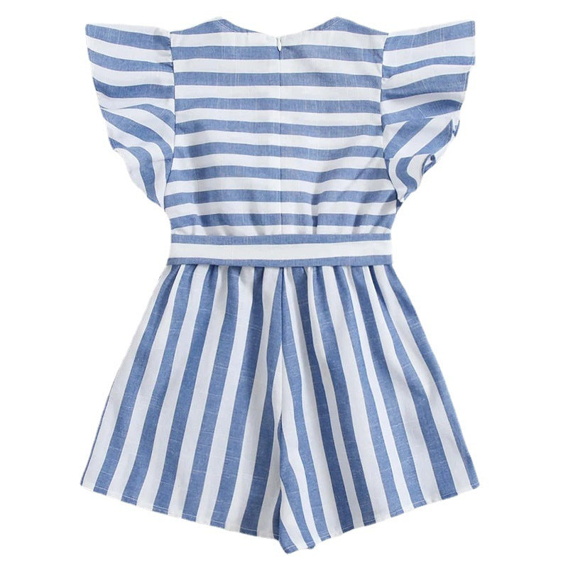 Ella Striped Fly Sleeve Belted Blue Romper