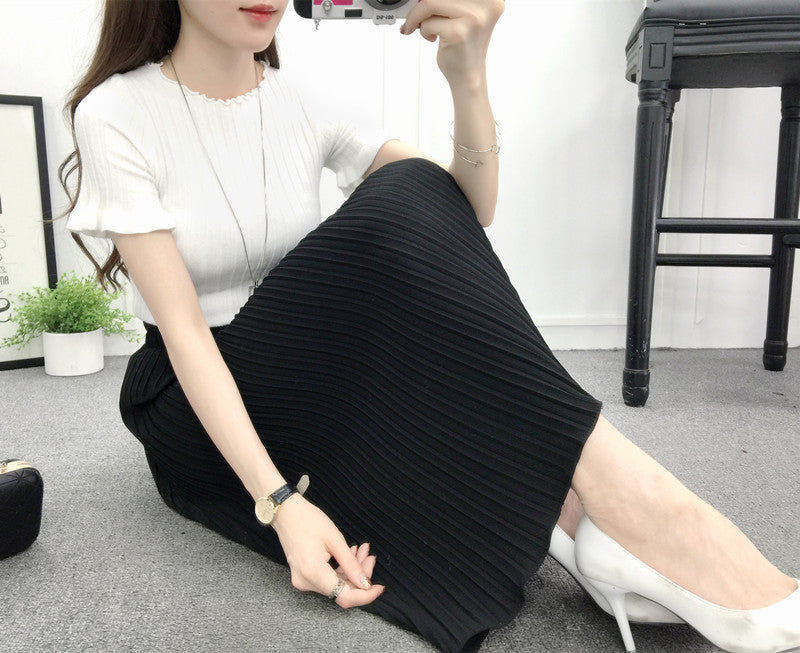 Pleated Ruffle Elastic Midi Skirt