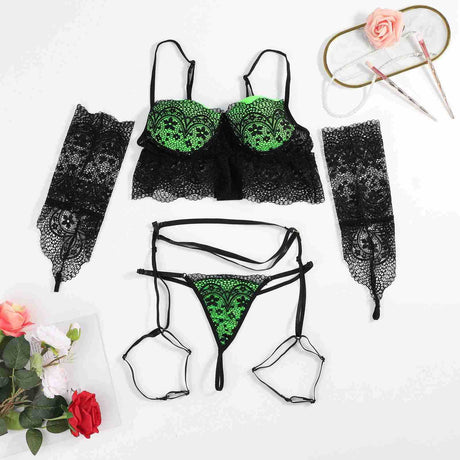 Sensual Noir Three-Piece Lingerie Garter Set