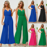 Solid Color V-Neck Suspender Jumpsuit