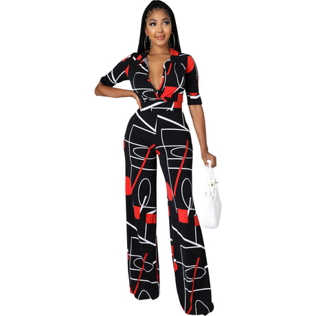 Fashion Print V-Neck Wide Leg Jumpsuit