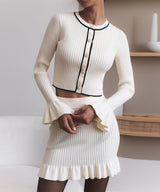 Ruffled Pearl Buckle Knit Mini Skirt Set