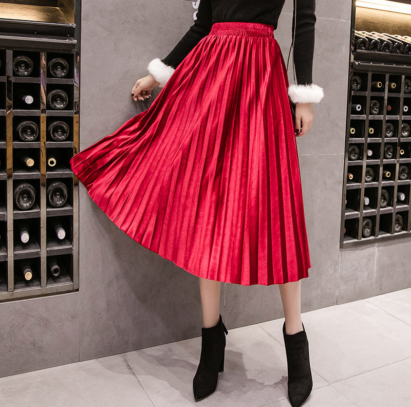 Golden Velvet Pleated A-Line Midi Skirt