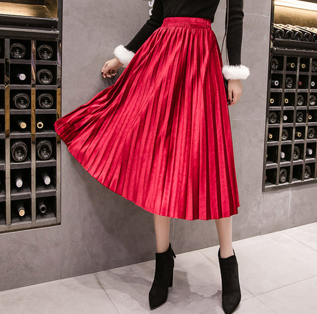 Golden Velvet Pleated A-Line Midi Skirt