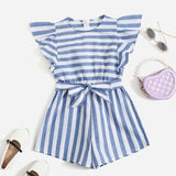 Ella Striped Fly Sleeve Belted Blue Romper