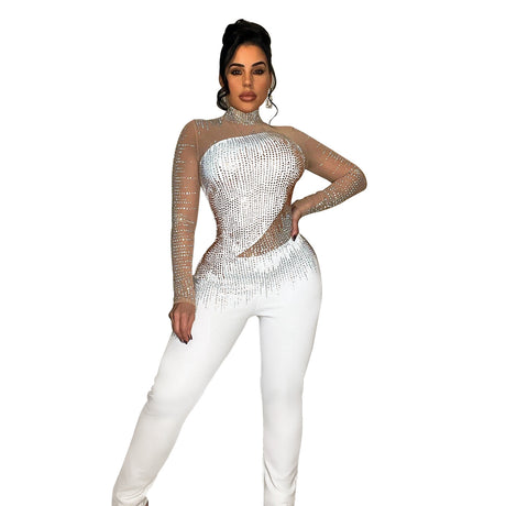 Rhinestone Mesh Long-sleeved Jumpsuit