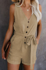 Emily V Neck Sleeveless Button Belt Bow Jumpsuit Romper