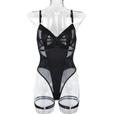 Mesh-Panelled Backless Lace-Up Suspender Bodysuit Lingerie