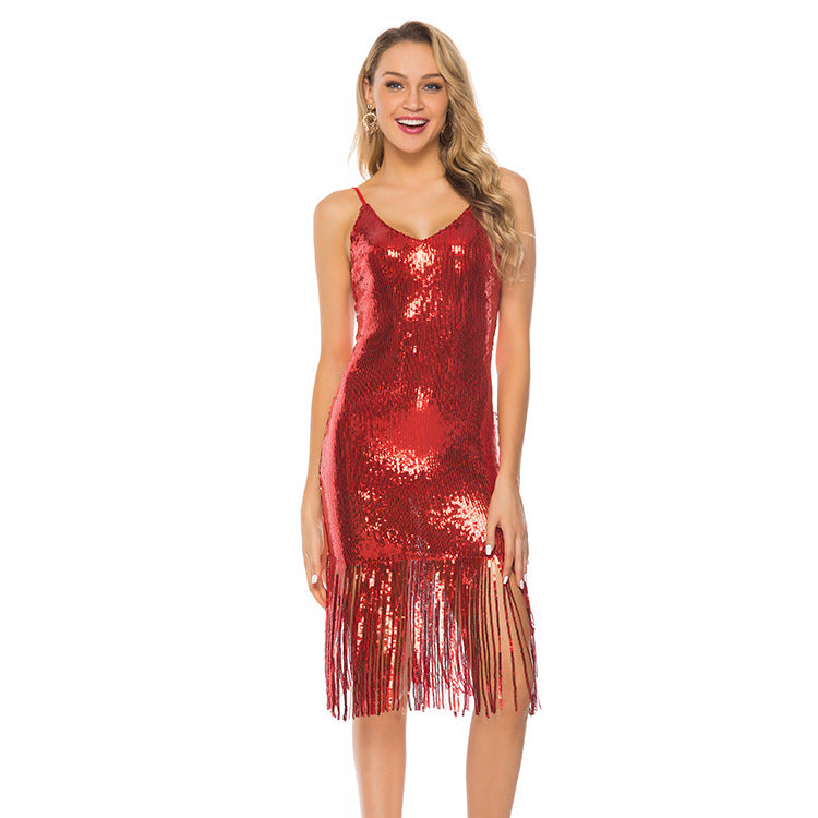 Gemma Sequined Backless Tassel Midi Dress