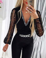 Rhinestone Mesh V-neck Jumpsuit