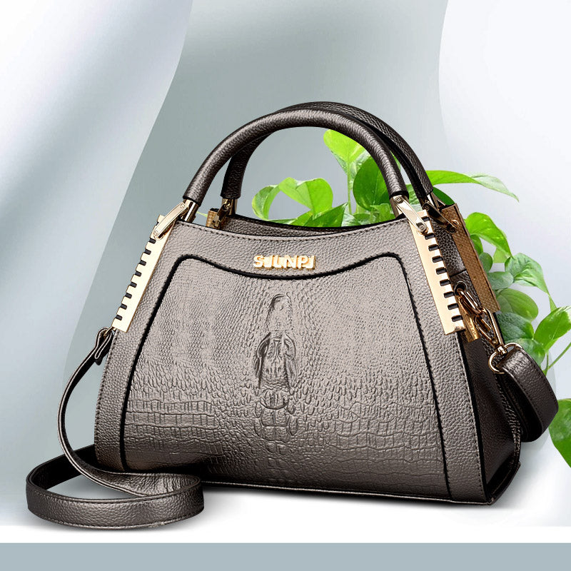 Crocodile Embossed Leather Trapezoid Fashion Handbag