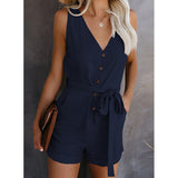 Emily V Neck Sleeveless Button Belt Bow Jumpsuit Romper