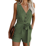 Emily V Neck Sleeveless Button Belt Bow Jumpsuit Romper