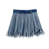 Pleated Denim Color Block Skirt