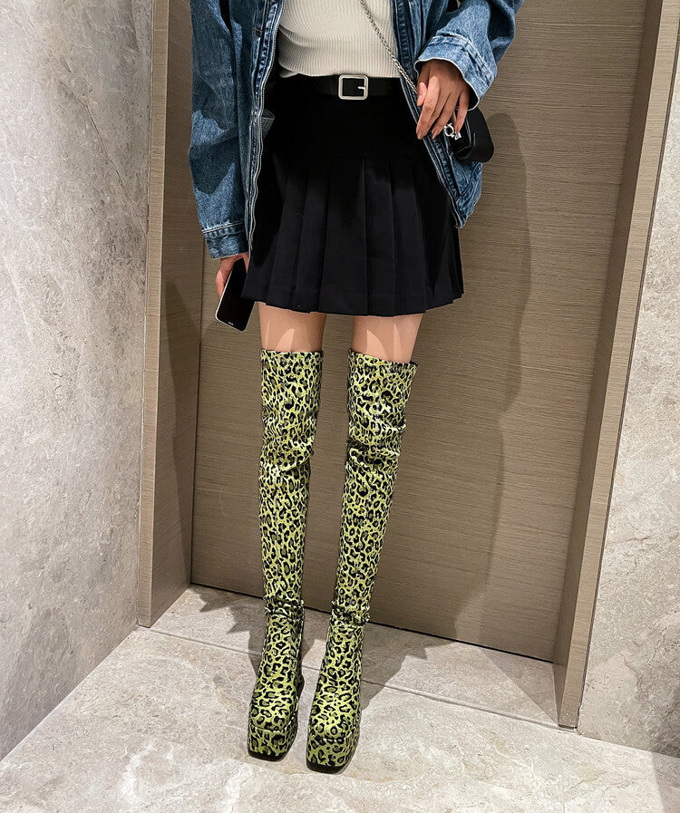 Flirty Leopard Print Chunky Heel Knee High Boots