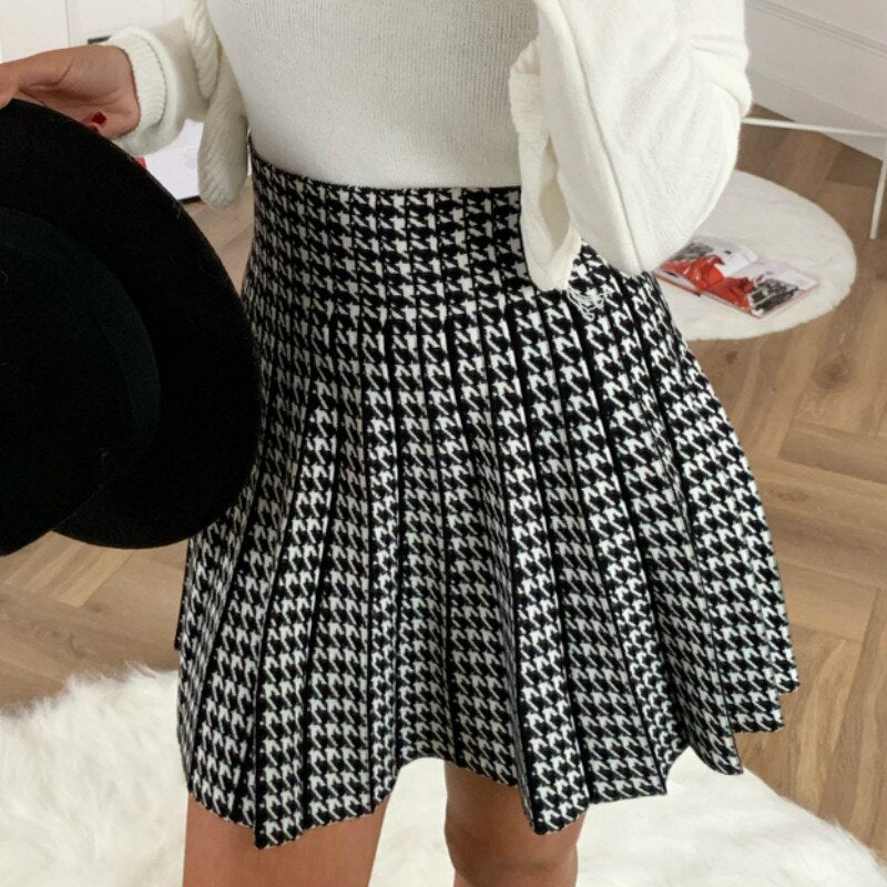 Houndstooth Pleated All-Match Skirt