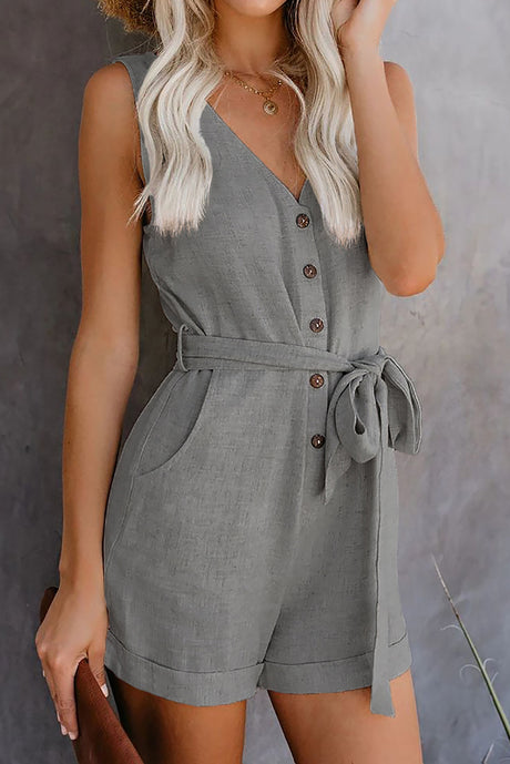 Emily V Neck Sleeveless Button Belt Bow Jumpsuit Romper