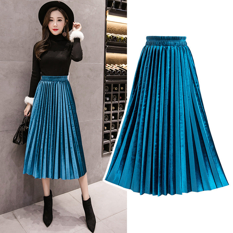 Golden Velvet Pleated A-Line Midi Skirt