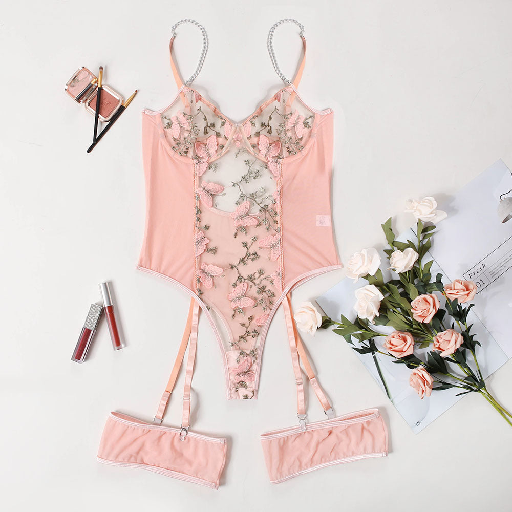 Floral Mesh Tie Embroidered Bodysuit Lingerie