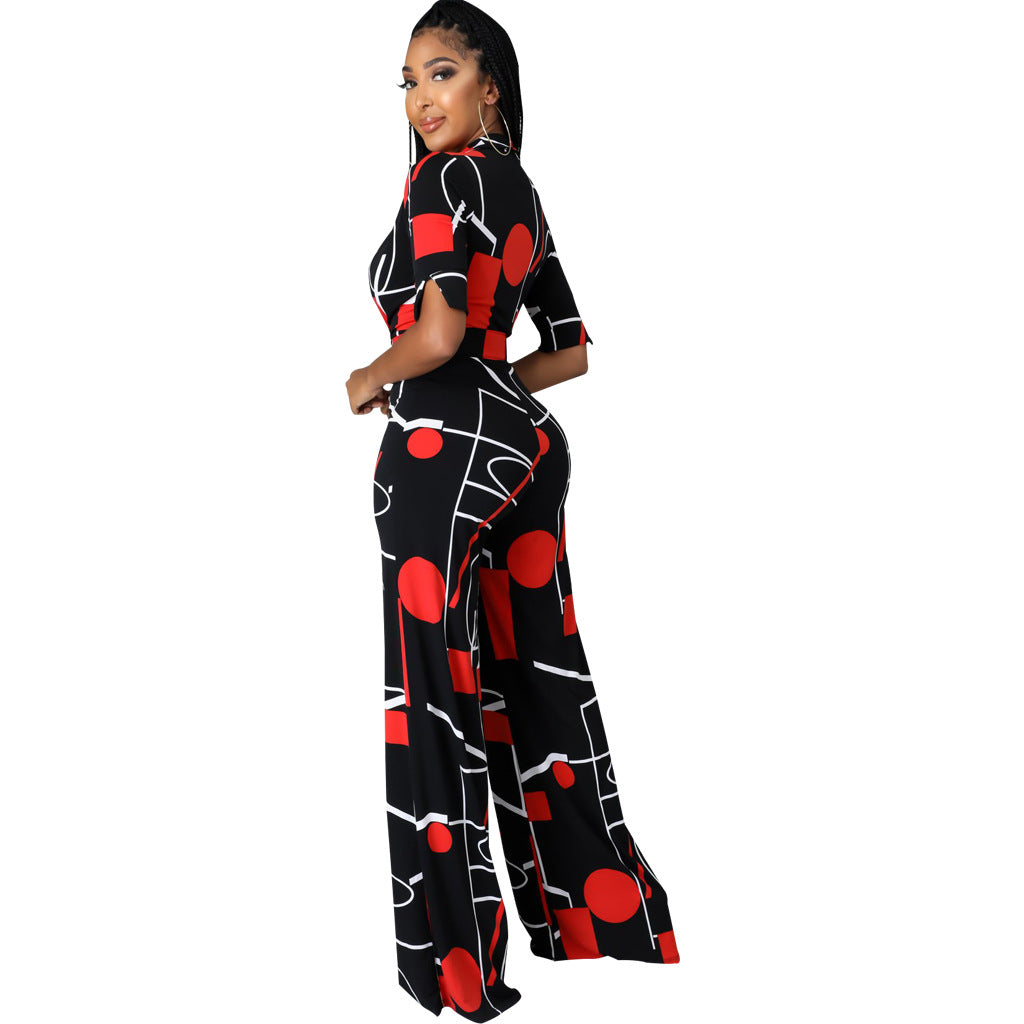 Fashion Print V-Neck Wide Leg Jumpsuit