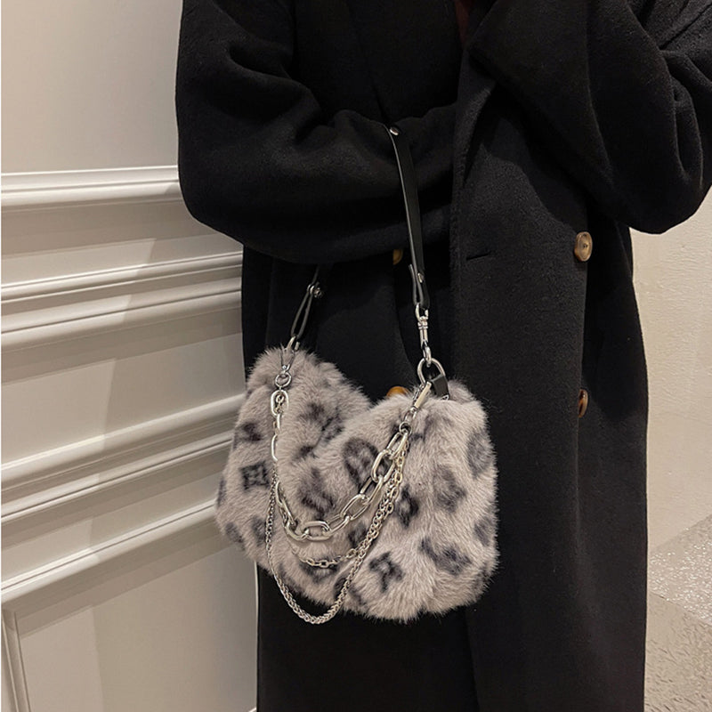 Floral Plush Chain Shoulder Bag