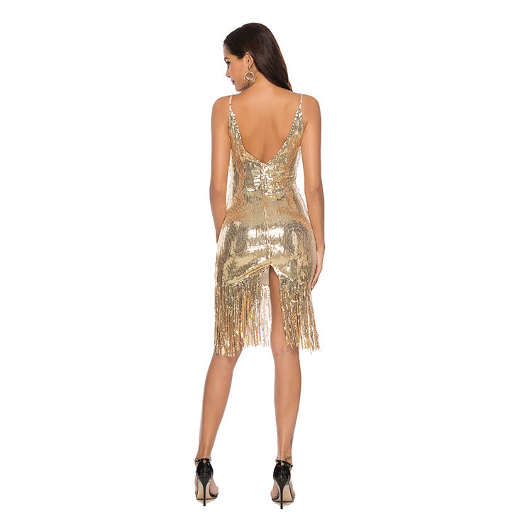 Gemma Sequined Backless Tassel Midi Dress