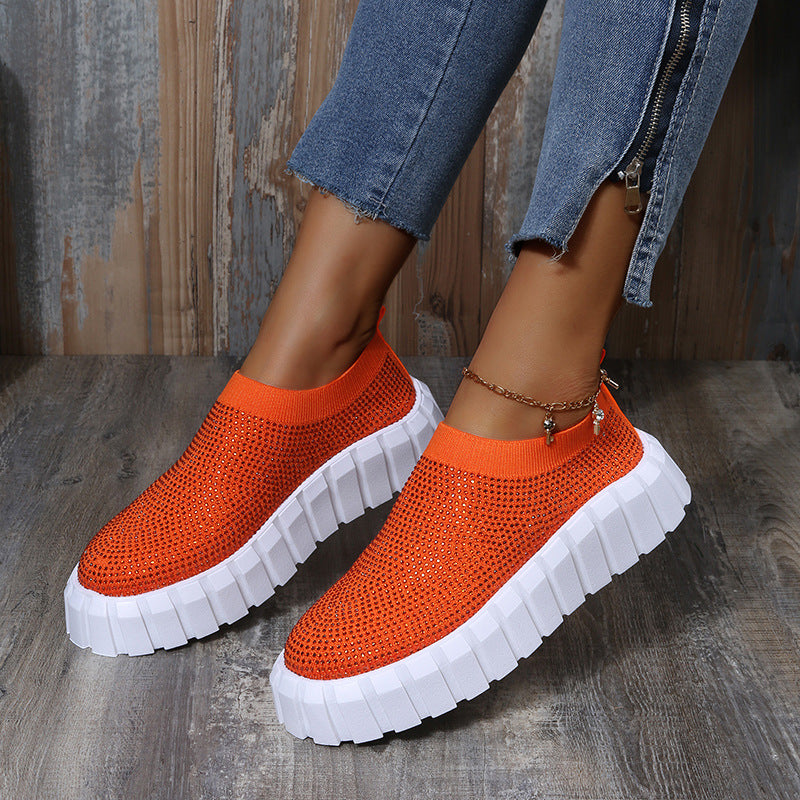 Rhinestone Knit Shoes Breathable Fashion Casual Walking Flats