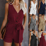 Emily V Neck Sleeveless Button Belt Bow Jumpsuit Romper