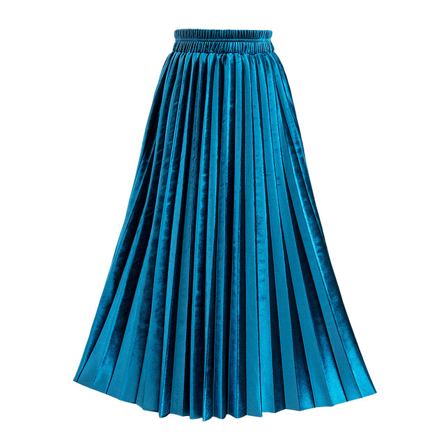 Golden Velvet Pleated A-Line Midi Skirt