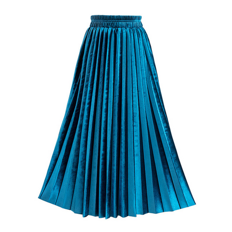 Golden Velvet Pleated A-Line Midi Skirt