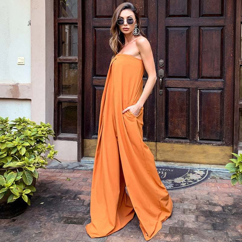 High-Waisted Wide-Leg Cotton Blend Jumpsuit