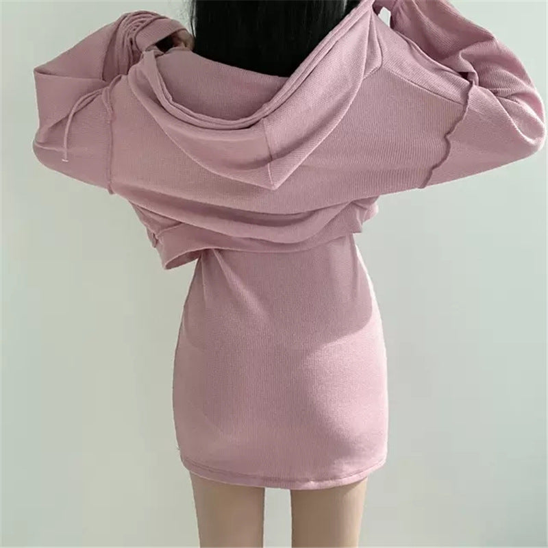 Sweet Zipper Hooded Skirt Set