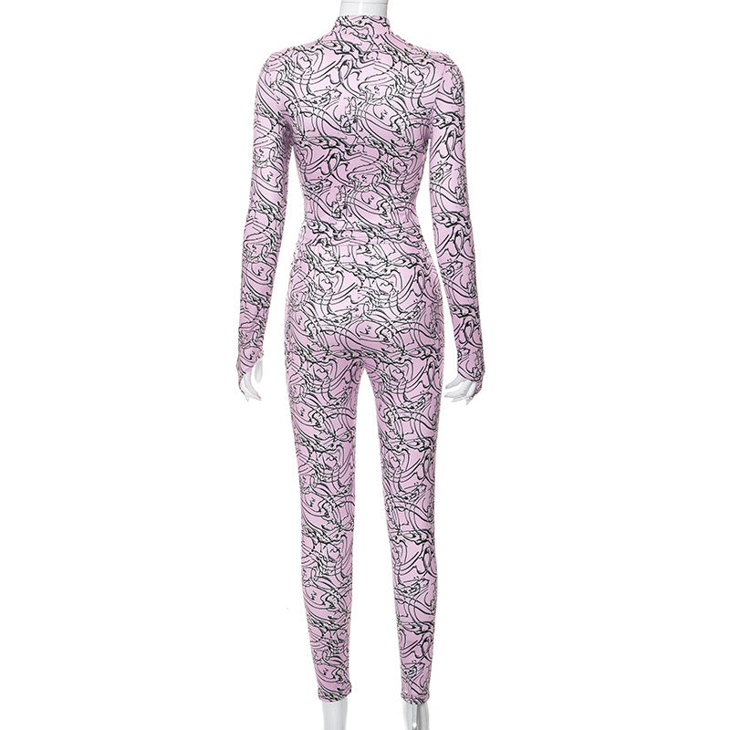 Pink Print Stand-up Collar Slim Fit Jumpsuit