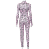 Pink Print Stand-up Collar Slim Fit Jumpsuit