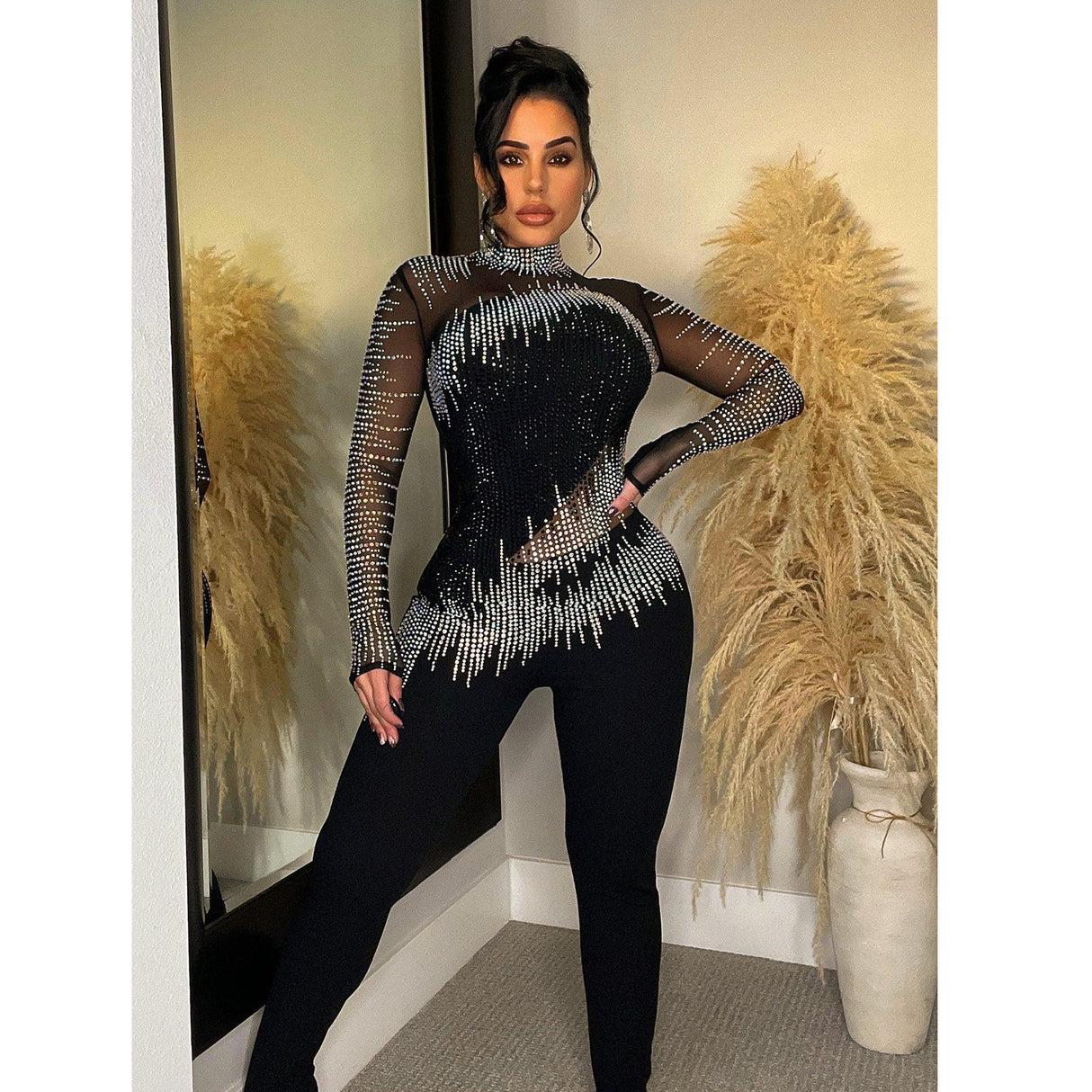 Rhinestone Mesh Long-sleeved Jumpsuit