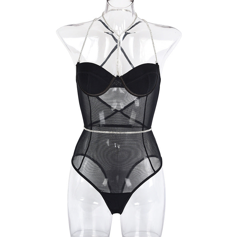 Metallic Mesh Chain Suspender Bodysuit Lingerie